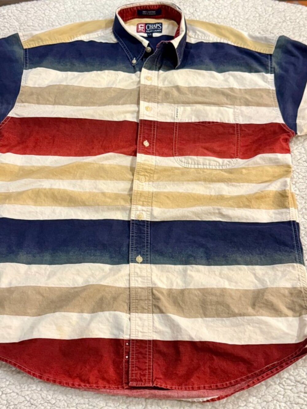 Vintage Chaps by Ralph Lauren Striped Button-Down Shirt in Navy, Red & Tan